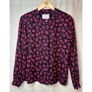 Vintage Pendleton Country Floral Blouse Size 8 Petite Pink Black Button Up Rayon